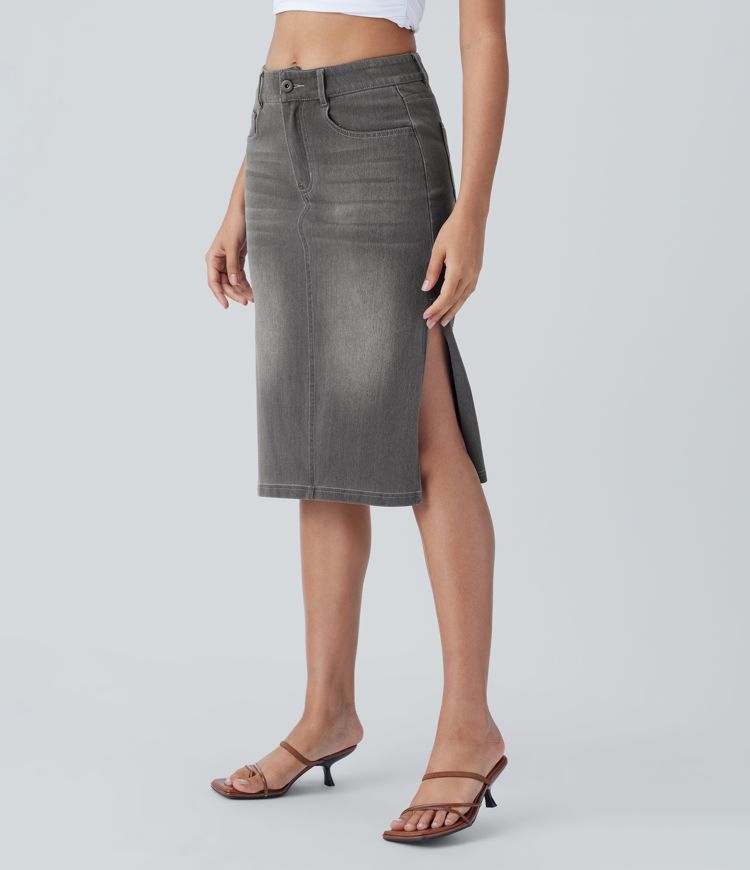 Halara Flex™ Mid Rise Button Zipper Multiple Pockets Split Stretchy Knit Denim Casual Midi Skirt