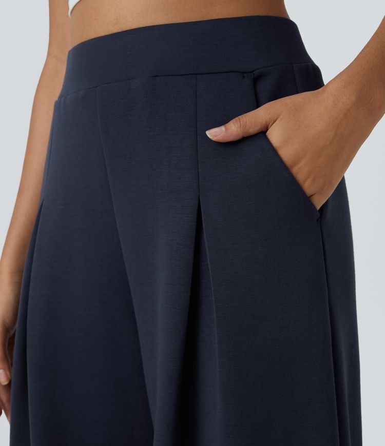 Pantalón pierna ancha bolsillo lateral tiro alto