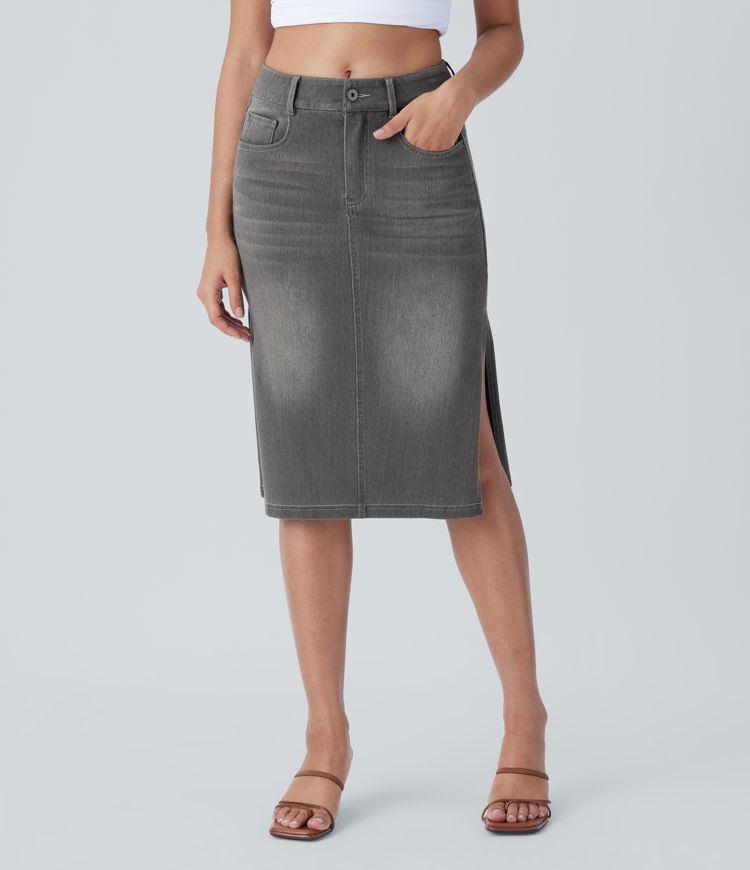 Halara Flex™ Mid Rise Zipper Pockets Denim Casual Midi Skirt