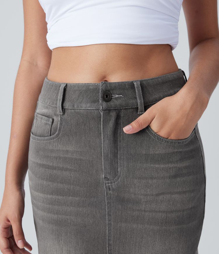 Halara Flex™ Mid Rise Zipper Pockets Denim Casual Midi Skirt