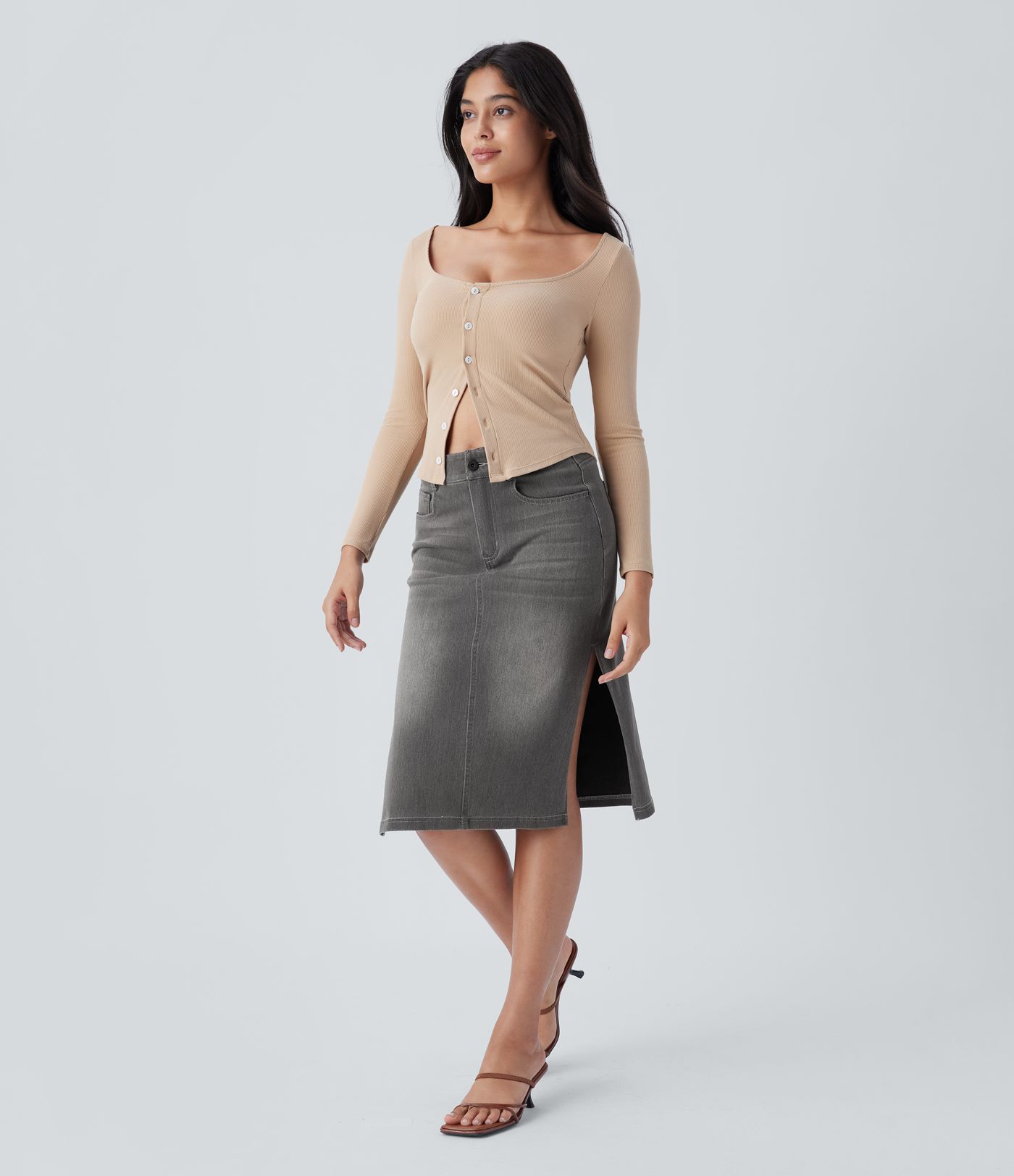 Halara Flex™ Mid Rise Zipper Pockets Denim Casual Midi Skirt