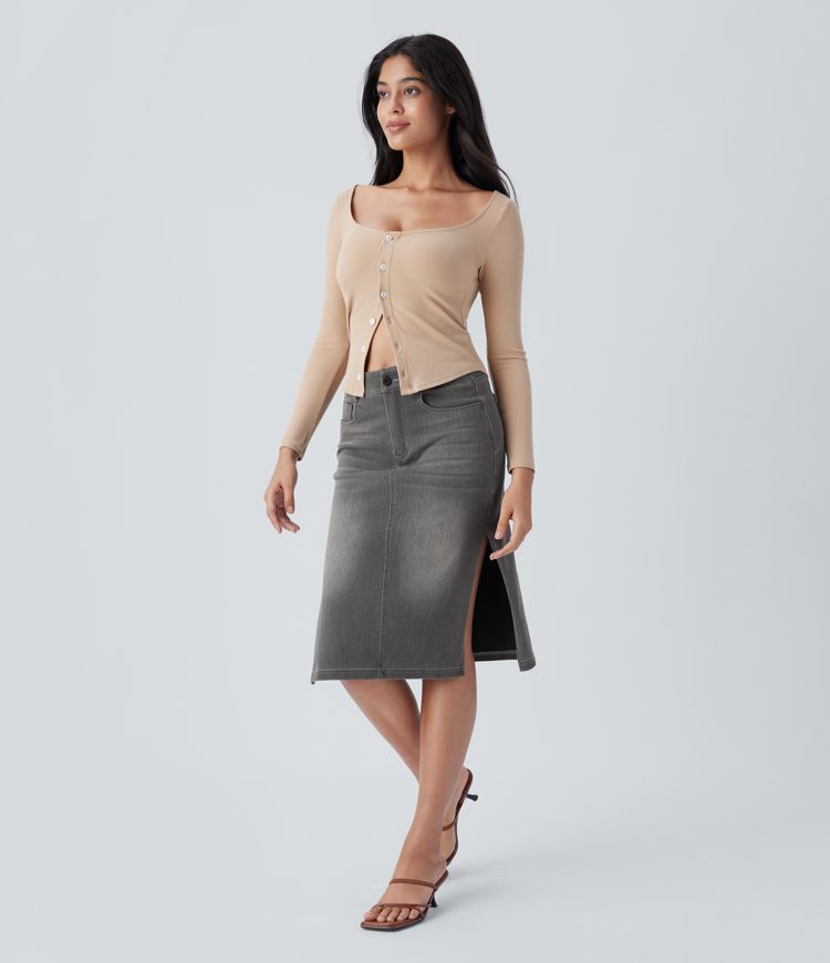 Halara Flex™ Mid Rise Zipper Pockets Denim Casual Midi Skirt