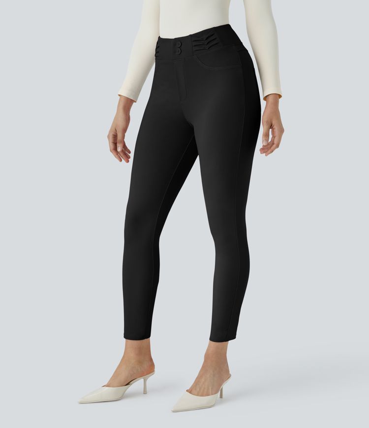  High Waisted Decorative Button Back Side Pocket Skinny Work Pants