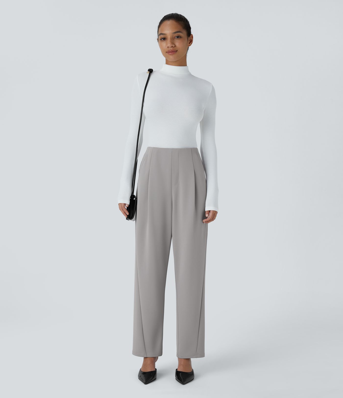 Pantalon Casual en Crêpe à Taille Haute avec Poches et Jambes Amples