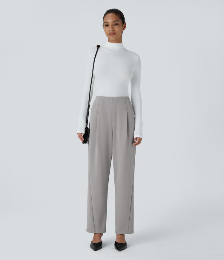 High Waisted Side Pocket Barrel Leg Crepe Casual Trousers