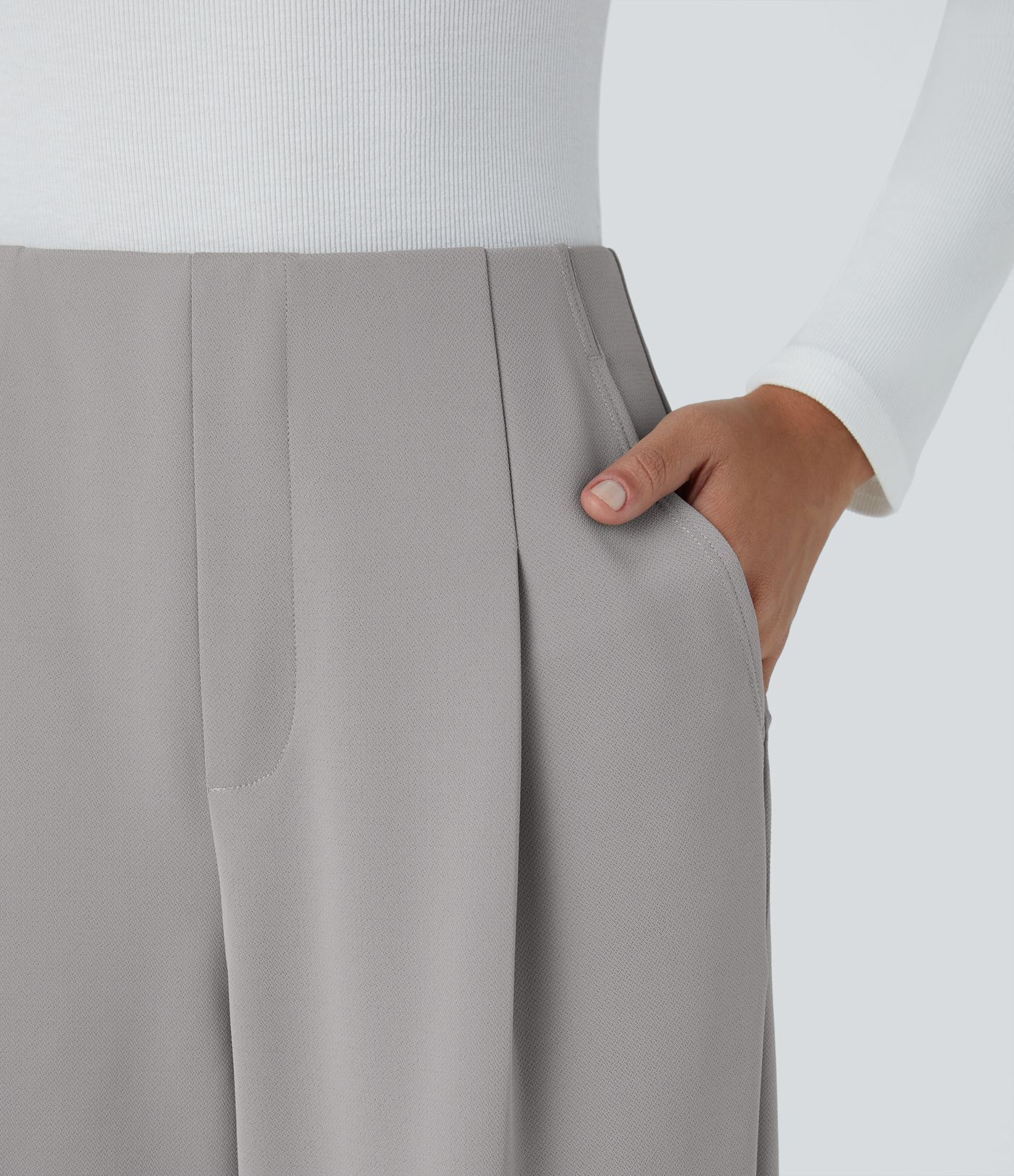 Pantalon Casual en Crêpe à Taille Haute avec Poches et Jambes Amples