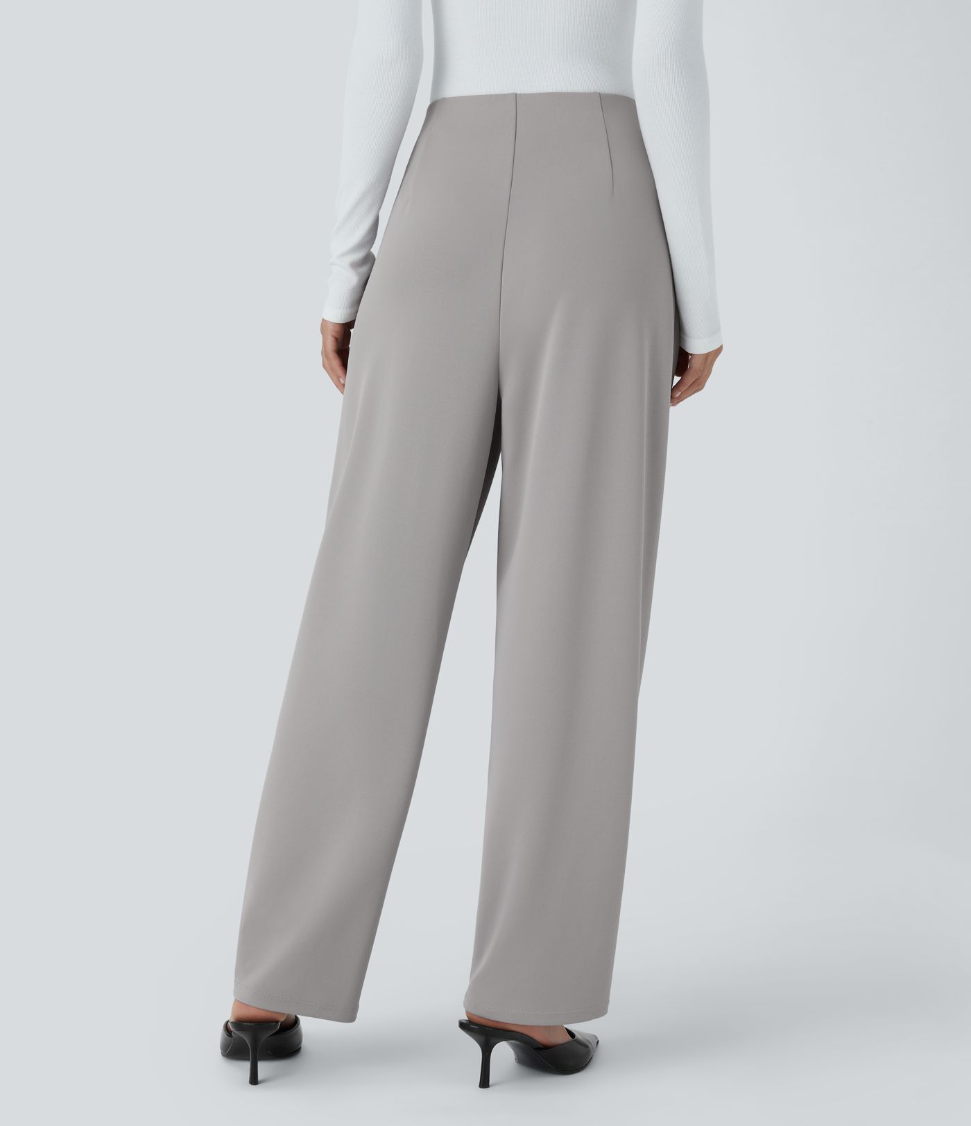 Pantalon Casual en Crêpe à Taille Haute avec Poches et Jambes Amples