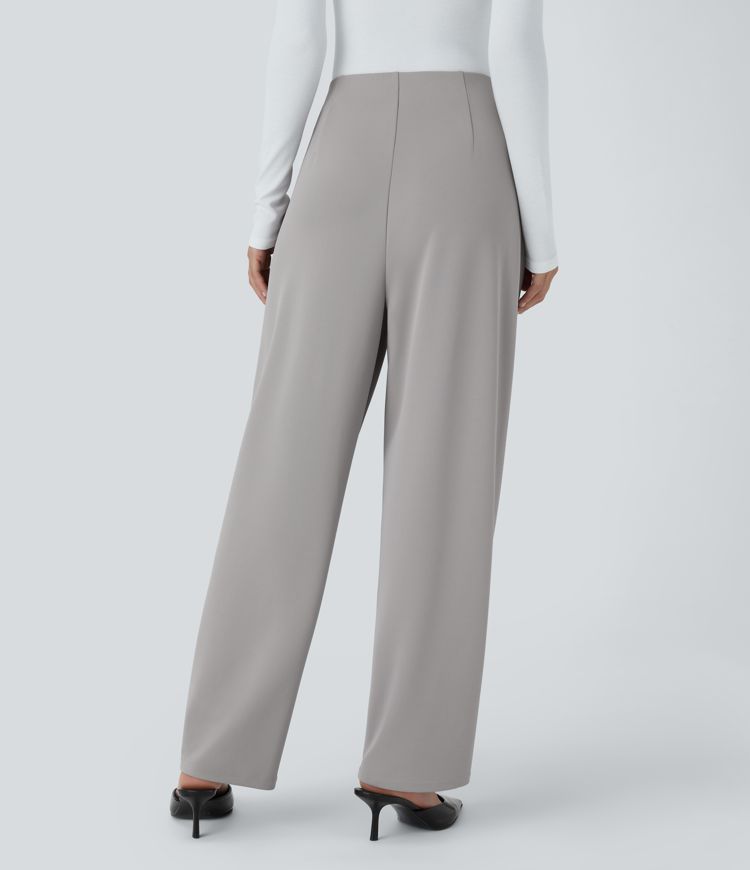 High Waisted Side Pocket Barrel Leg Crepe Casual Trousers