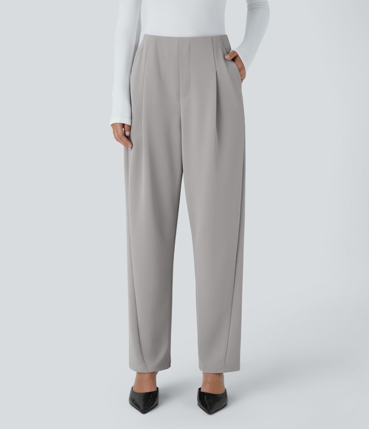 High Waisted Side Pocket Barrel Leg Crepe Casual Trousers