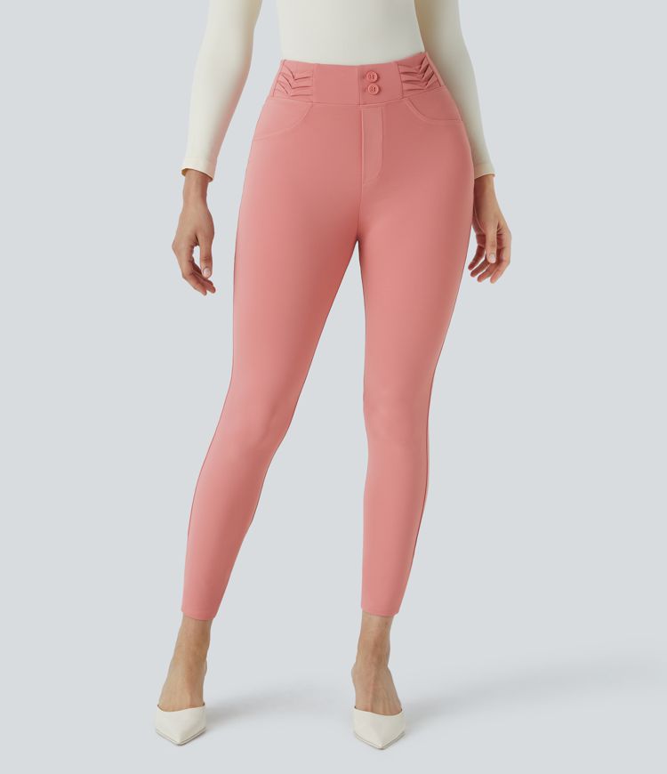 Halara Flex™enganliegende Stoffhose mit hohem Bund, dekorativen Knöpfen und Gesäßtasche