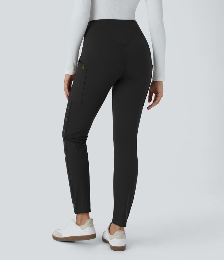 High Waisted Decorative Button Side Pocket Skinny Ankle Length Casual Pants