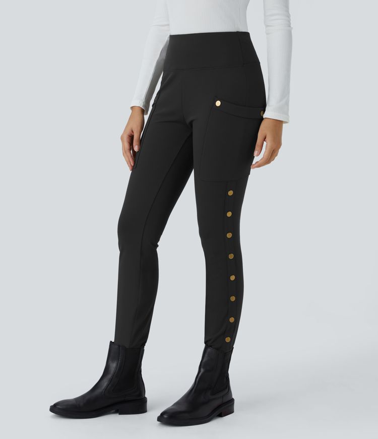 High Waisted Decorative Pocket Skinny Ankle Length Casual Pants