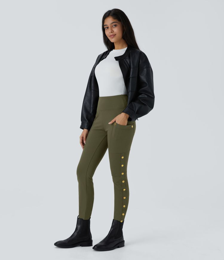 High Waisted Decorative Pocket Skinny Ankle Length Casual Pants