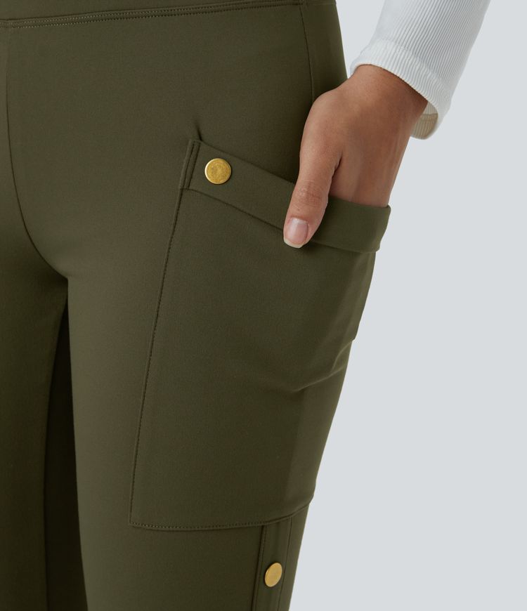 High Waisted Decorative Pocket Skinny Ankle Length Casual Pants