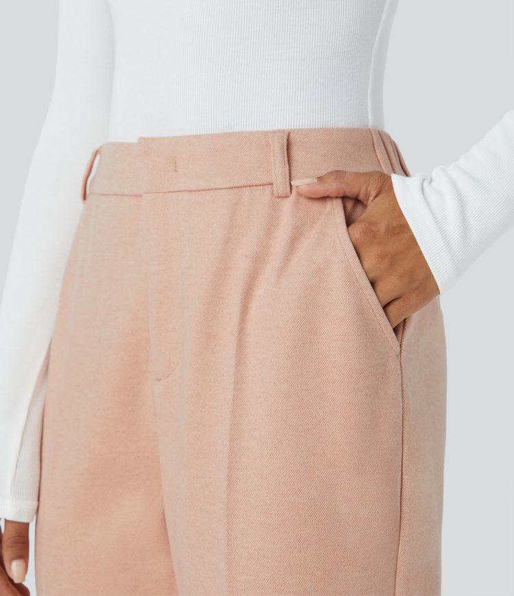 High Waisted Button Zipper Side Pocket Work Trousers