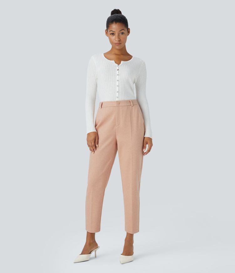 High Waisted Button Zipper Side Pocket Work Trousers