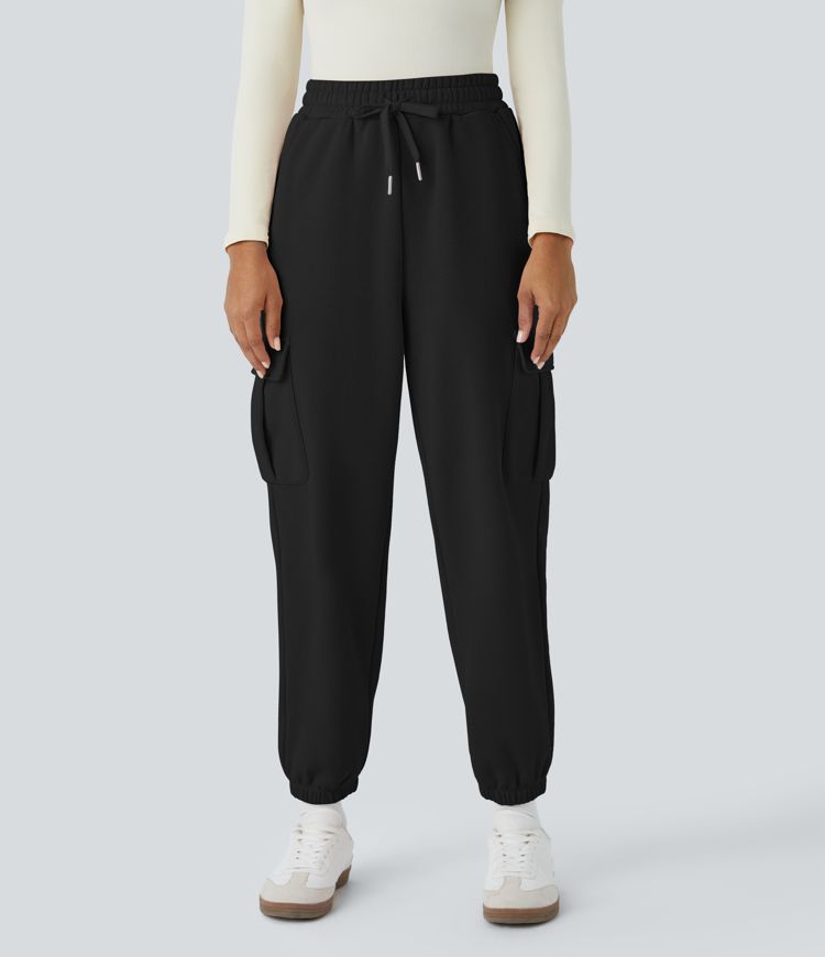 High Waisted Drawstring Pockets Fleece Casual Pants