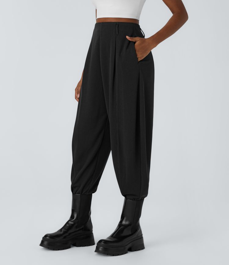 Ribbed knit high waist side pocket adjustable buckle hem casual jogger