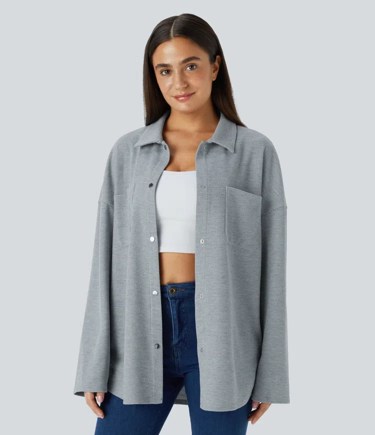 Long Sleeve Pocket Waffle Casual Shirt Jacket