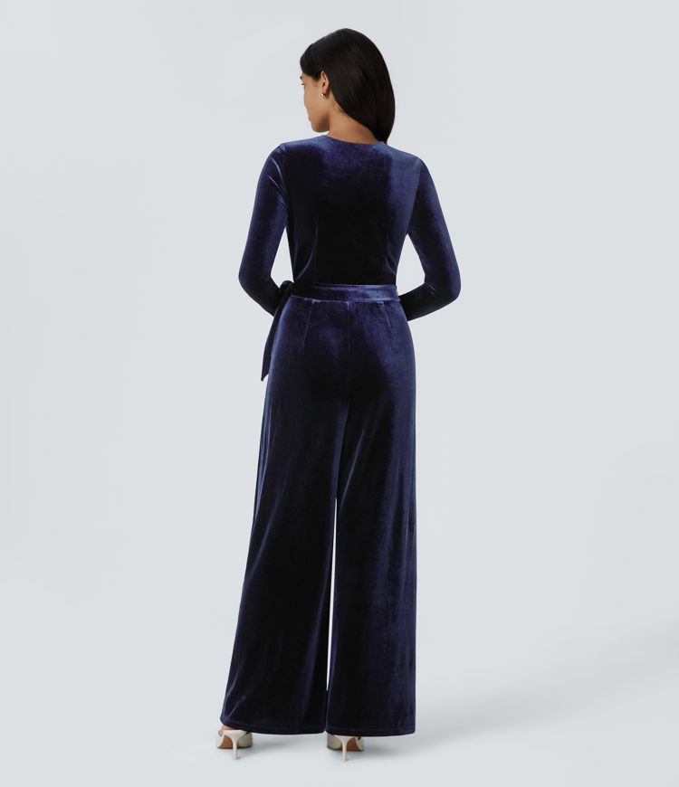 V Neck Wrapped Long Sleeve Belted Side Pocket Wide Leg Velvet Casual Jumpsuit