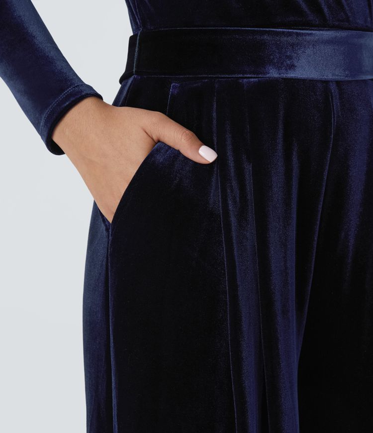 V Neck Wrapped Long Sleeve Belted Side Pocket Wide Leg Velvet Casual Jumpsuit