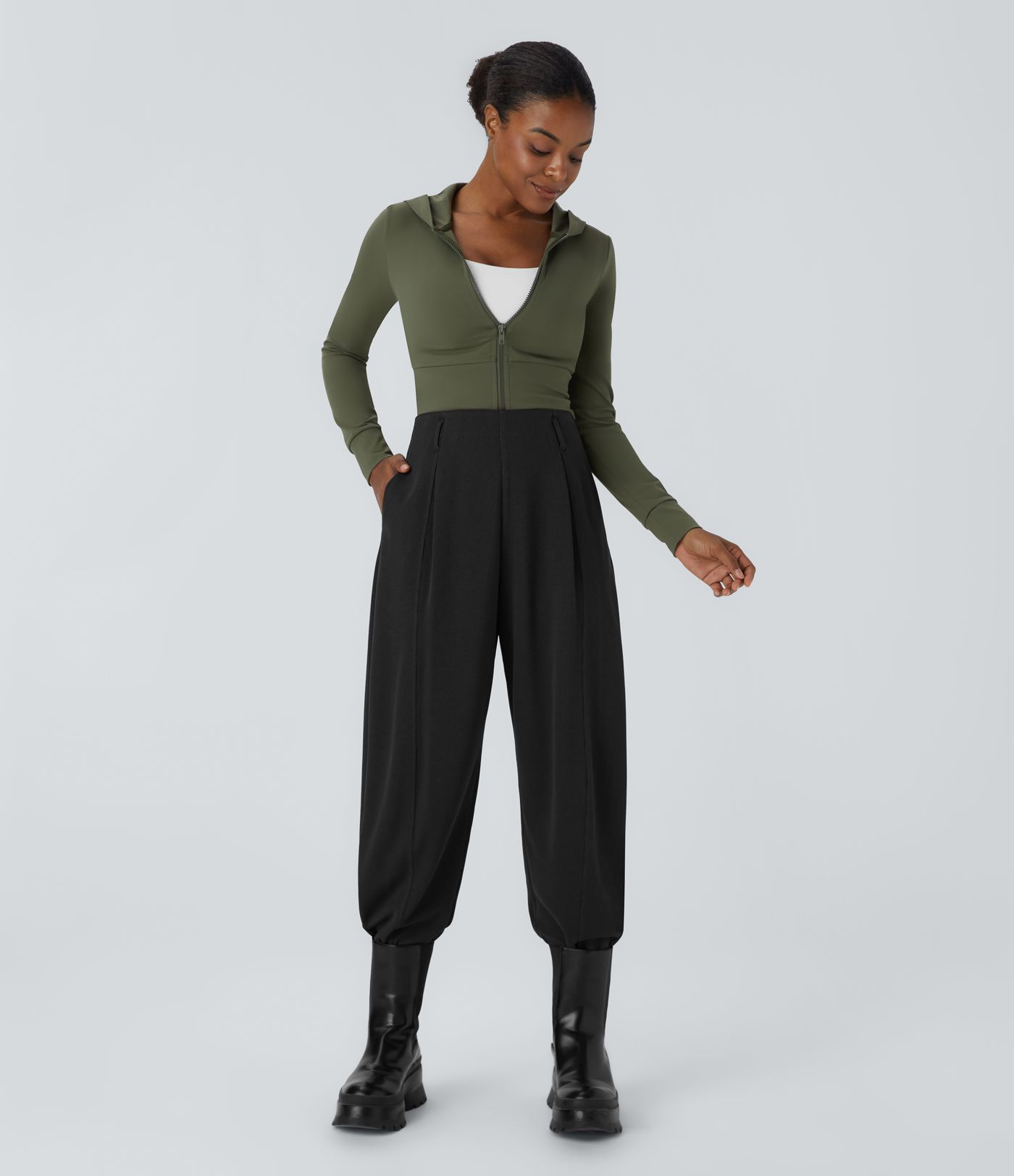 Ribbed knit high waist side pocket adjustable buckle hem casual jogger