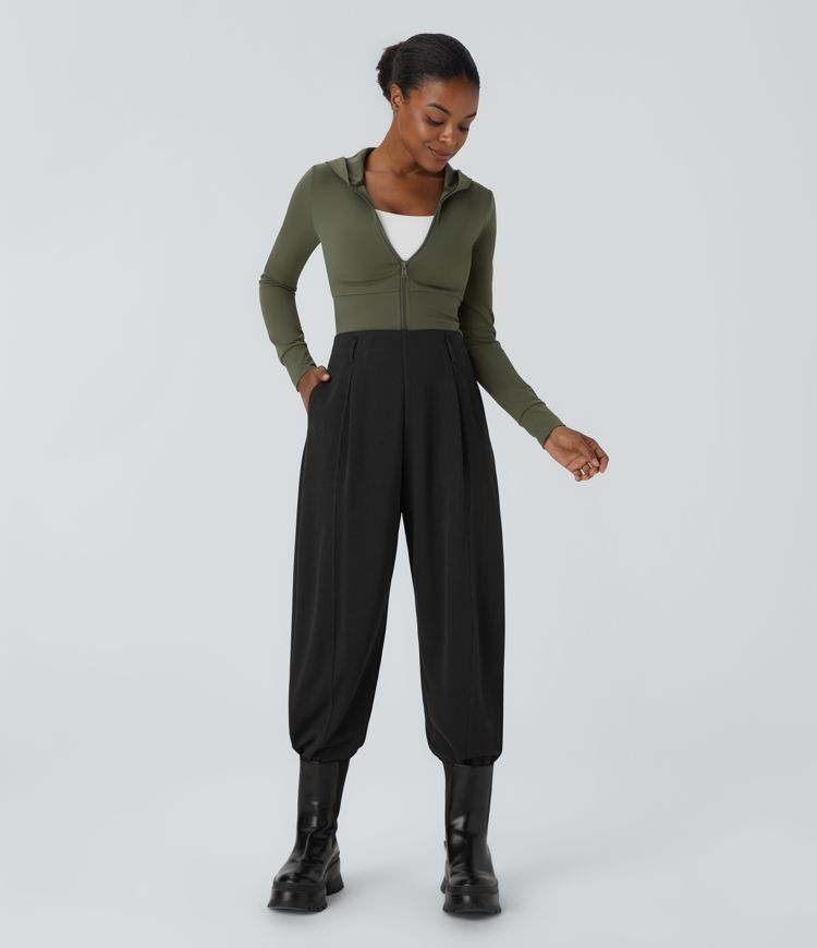 Ribbed knit high waist side pocket adjustable buckle hem casual jogger