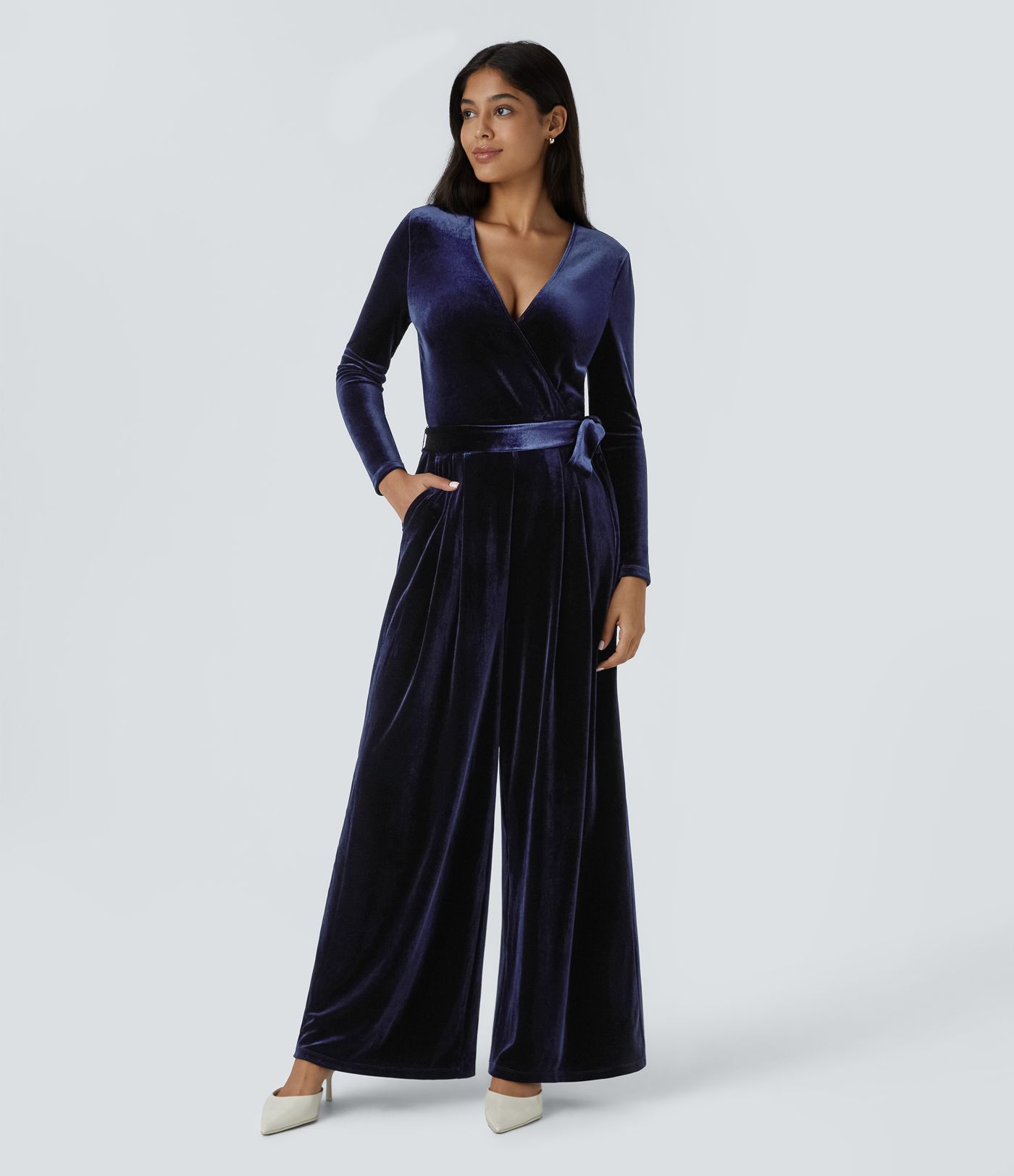 Combinaison décontractée en velours à col en V, manches longues, ceinture, poches et jambes larges