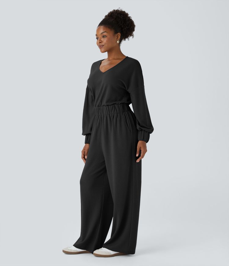 Vネック キーホールバック 長袖 サイドポケット ワイドレッグ カジュアル ジャンプスーツ