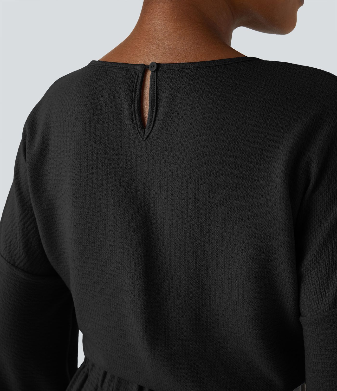 Vネック キーホールバック 長袖 サイドポケット ワイドレッグ カジュアル ジャンプスーツ