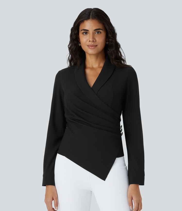 V Neck Crossover Decorative Button Long Sleeve Invisible Zipper Work Top