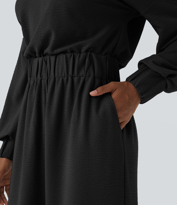 Vネック キーホールバック 長袖 サイドポケット ワイドレッグ カジュアル ジャンプスーツ