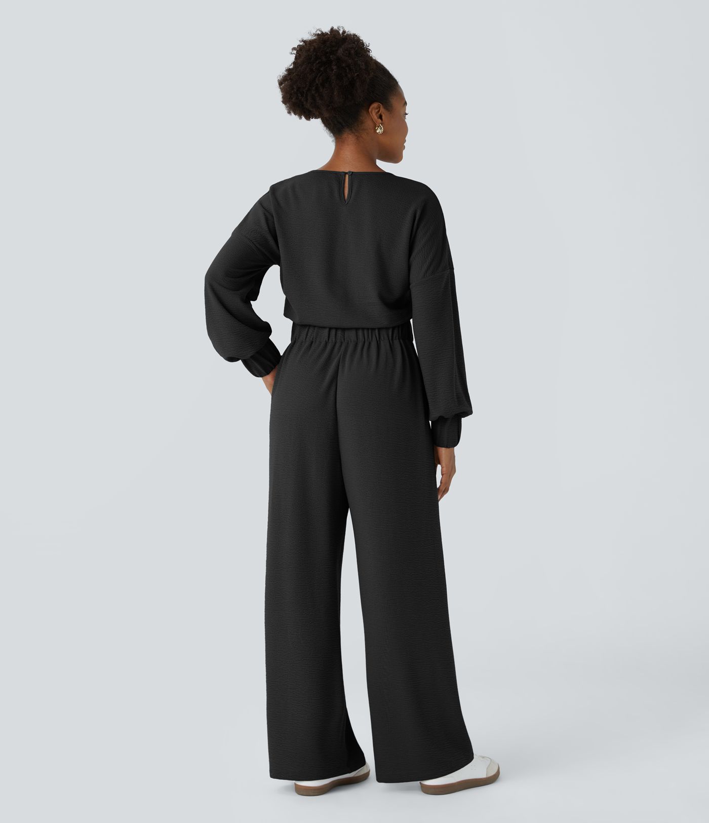 Vネック キーホールバック 長袖 サイドポケット ワイドレッグ カジュアル ジャンプスーツ