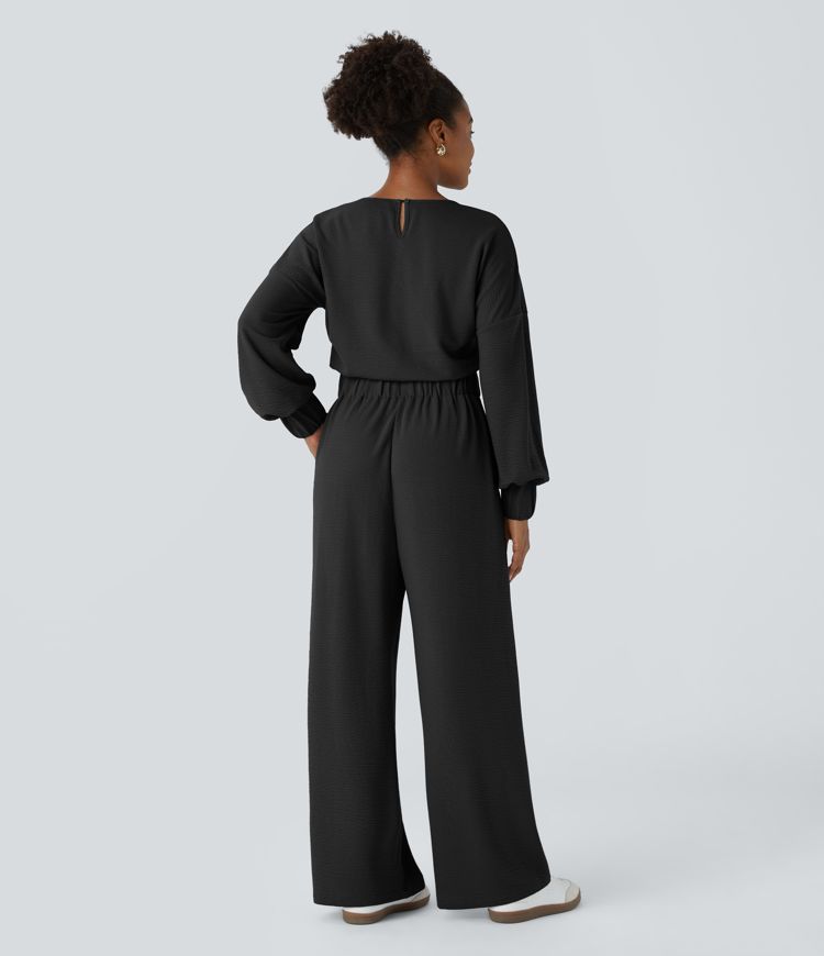 Vネック キーホールバック 長袖 サイドポケット ワイドレッグ カジュアル ジャンプスーツ