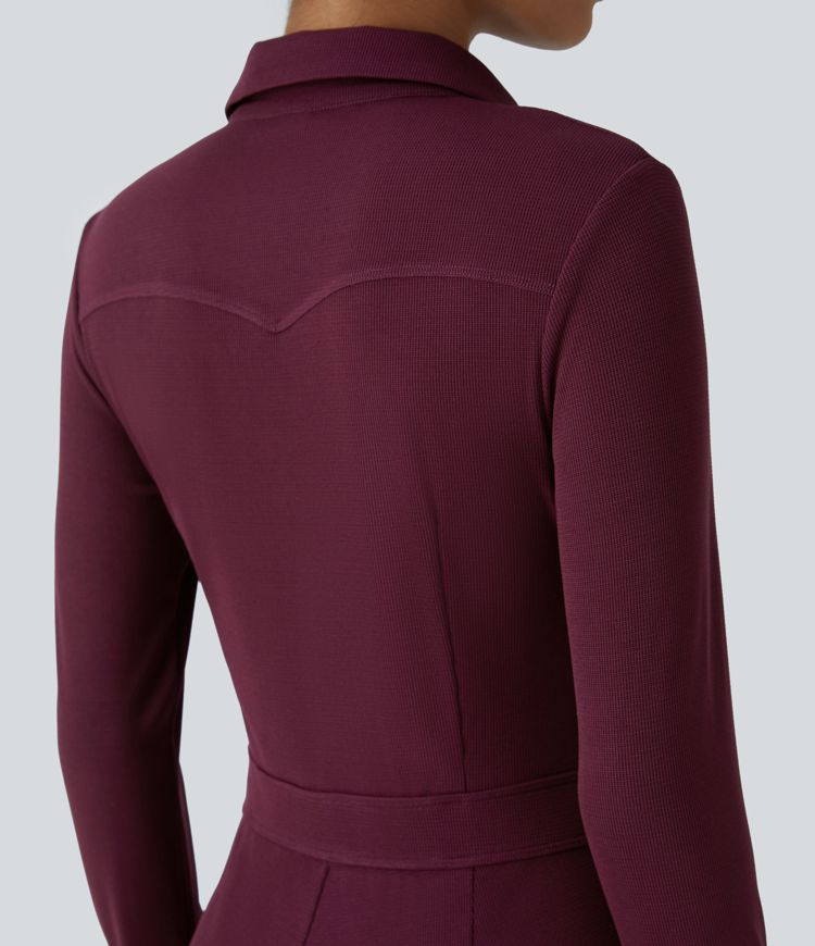 Mono cargo acampanado cuello botón manga larga múltiple bolsillo gofre