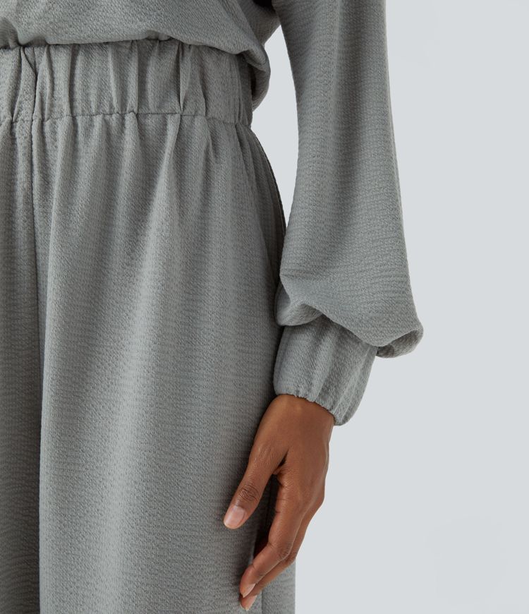 V Neck Keyhole Back Long Sleeve Pocket Wide Leg Casual Jumpsuit