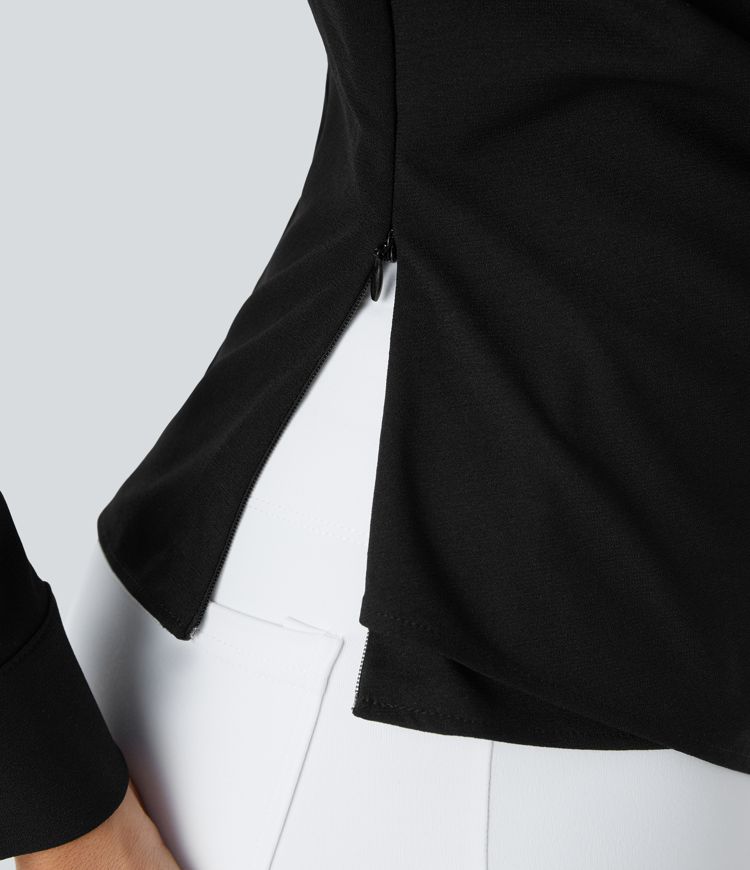 V Neck Crossover Decorative Button Long Sleeve Invisible Zipper Work Top