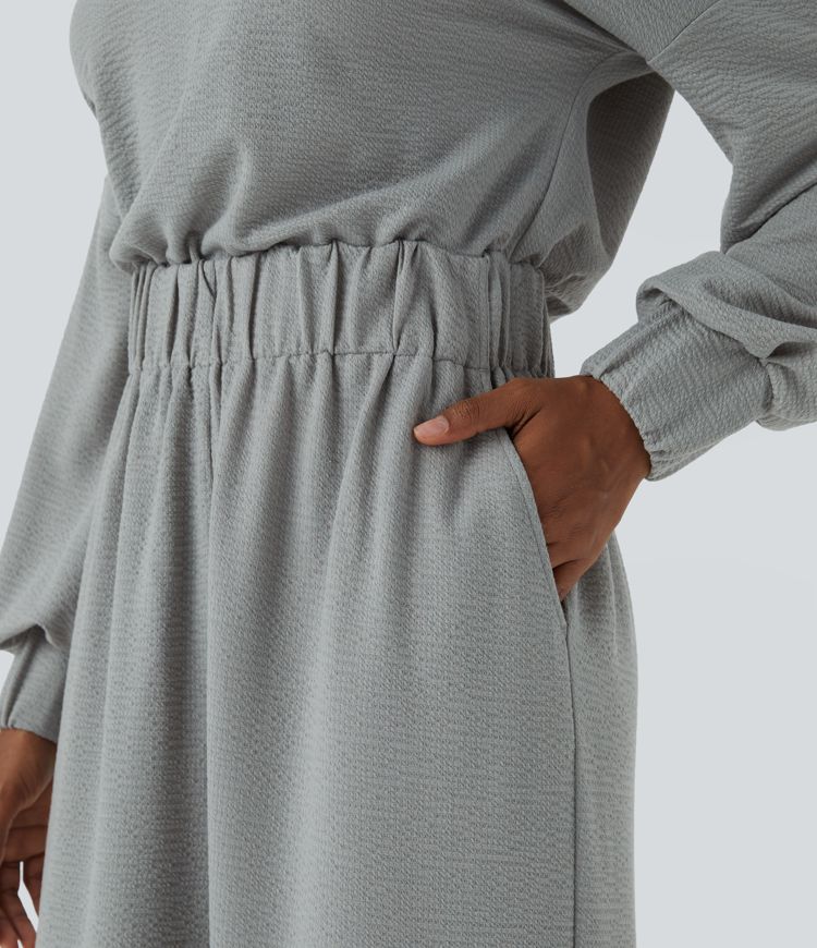 V Neck Keyhole Back Long Sleeve Pocket Wide Leg Casual Jumpsuit