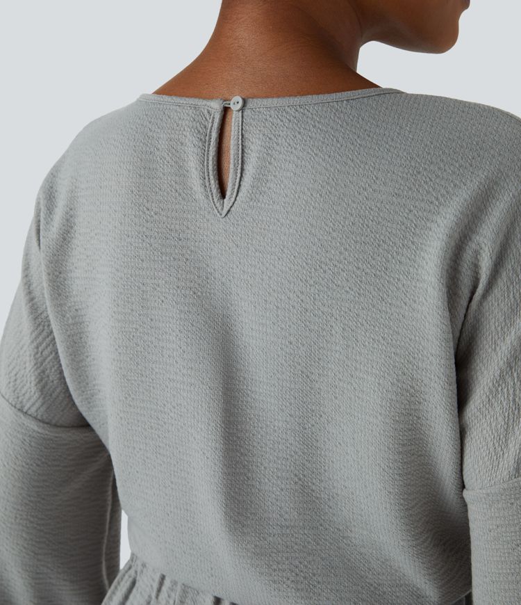 V Neck Keyhole Back Long Sleeve Pocket Wide Leg Casual Jumpsuit