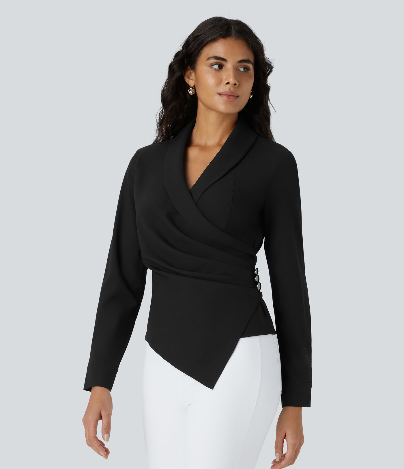 V Neck Crossover Decorative Button Long Sleeve Invisible Zipper Work Top