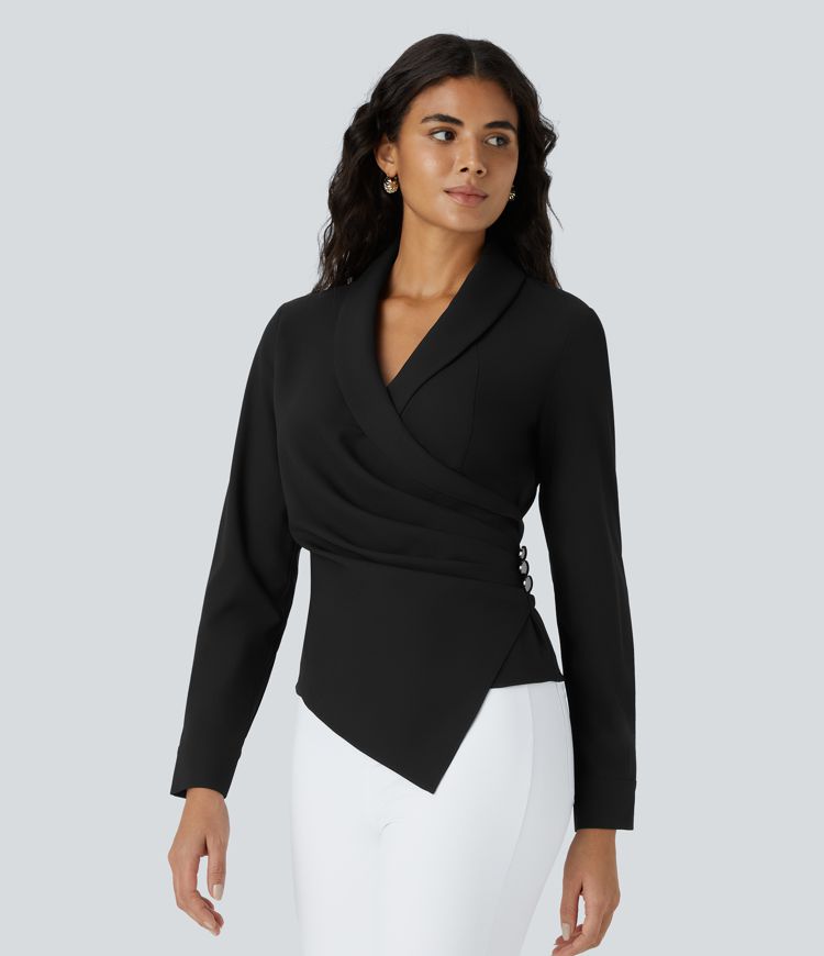 V Neck Crossover Decorative Button Long Sleeve Invisible Zipper Work Top