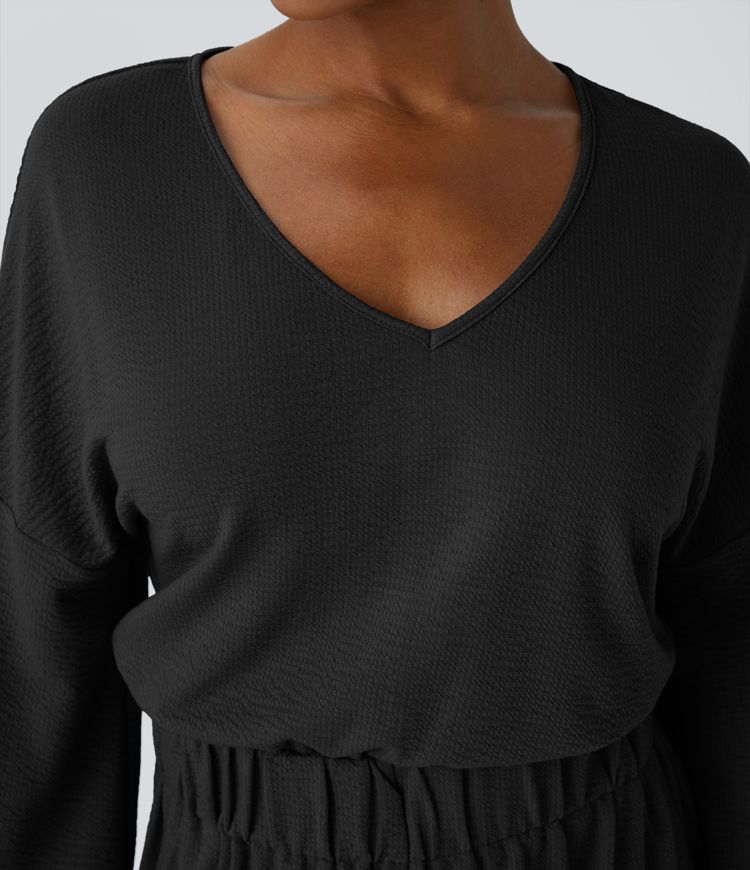 Vネック キーホールバック 長袖 サイドポケット ワイドレッグ カジュアル ジャンプスーツ