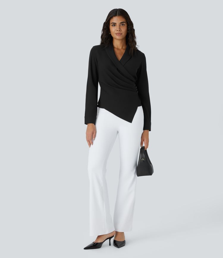 V Neck Crossover Decorative Button Long Sleeve Invisible Zipper Work Top