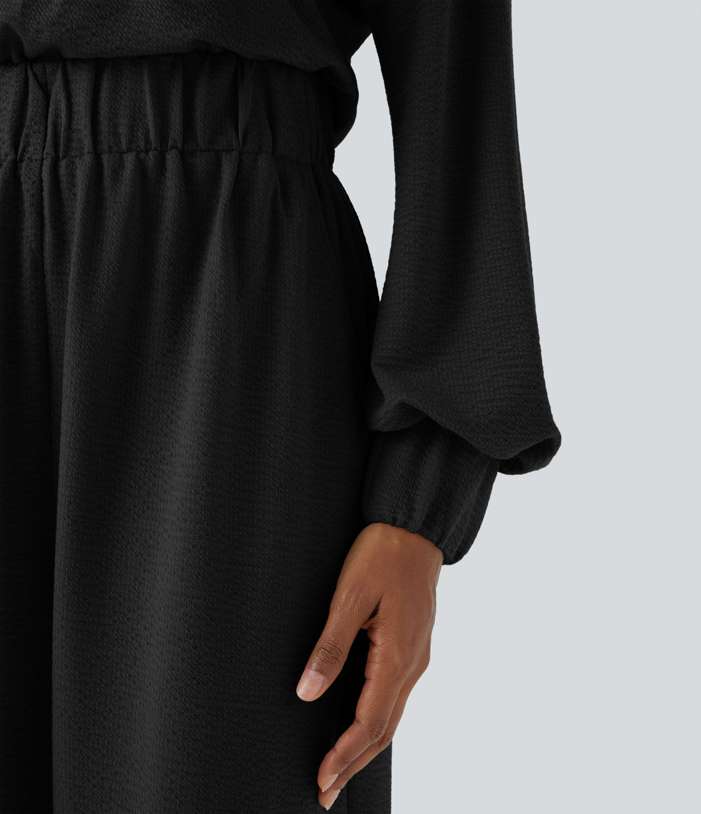 Vネック キーホールバック 長袖 サイドポケット ワイドレッグ カジュアル ジャンプスーツ