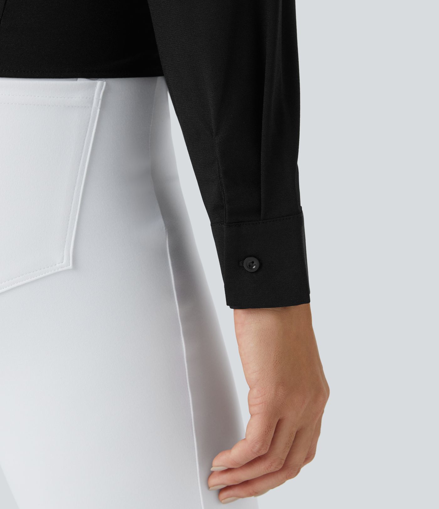 V Neck Crossover Decorative Button Long Sleeve Invisible Zipper Work Top