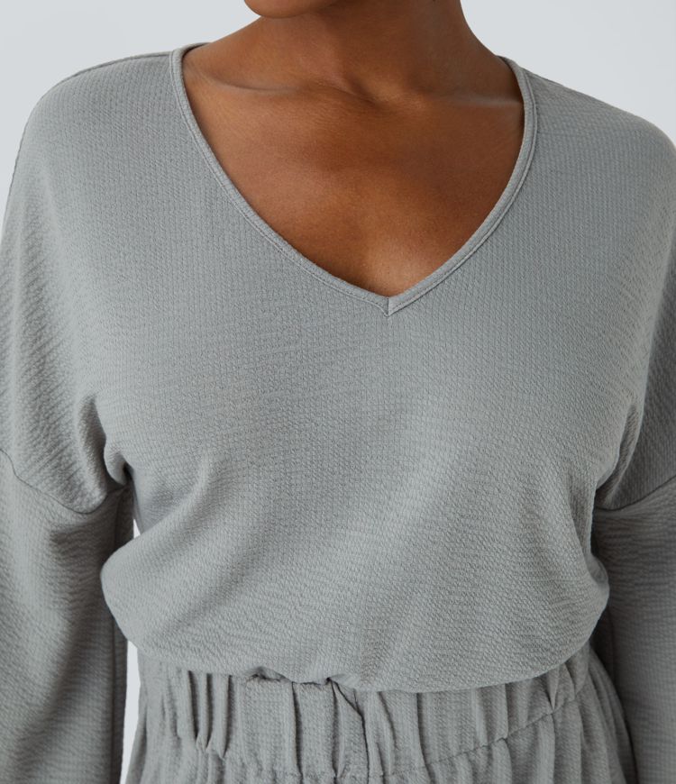 V Neck Keyhole Back Long Sleeve Pocket Wide Leg Casual Jumpsuit