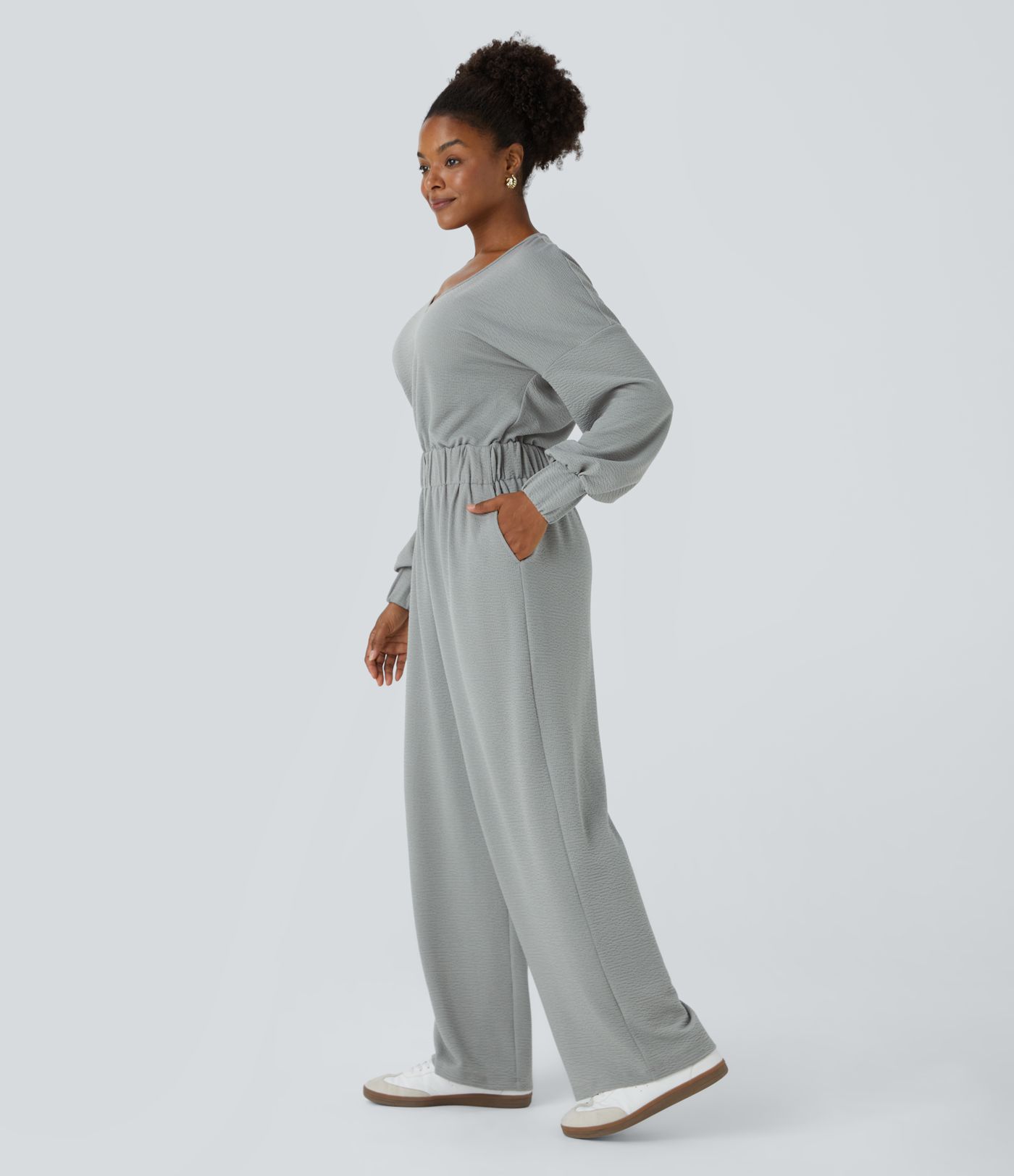 V Neck Keyhole Back Long Sleeve Pocket Wide Leg Casual Jumpsuit
