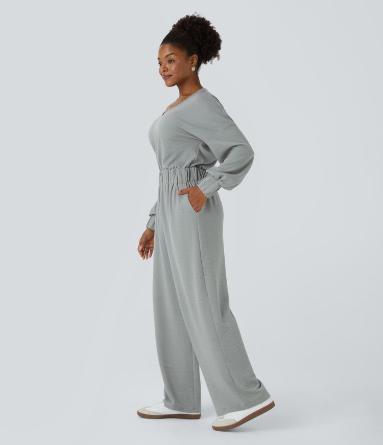 V Neck Keyhole Back Long Sleeve Pocket Wide Leg Casual Jumpsuit