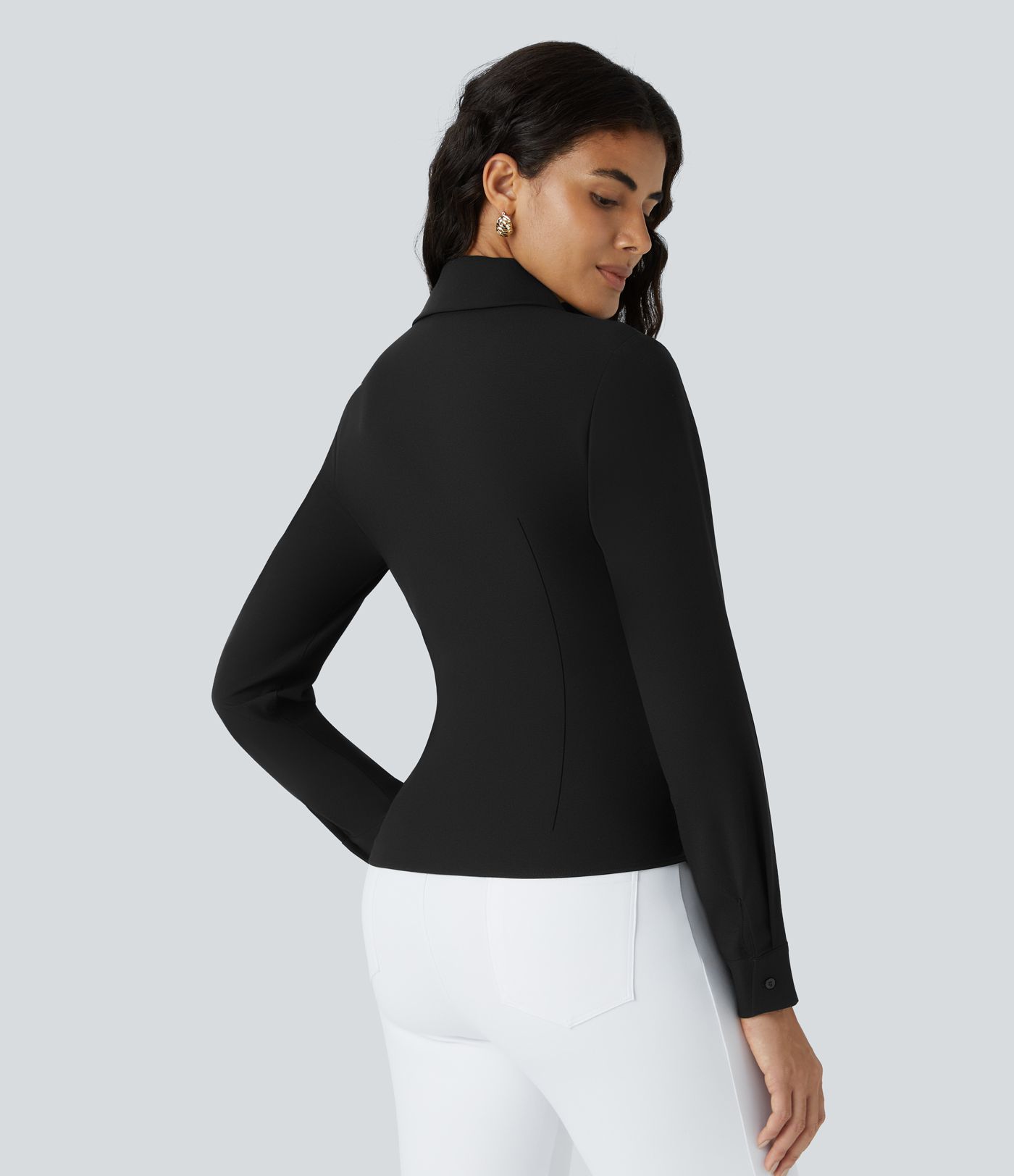 V Neck Crossover Decorative Button Long Sleeve Invisible Zipper Work Top