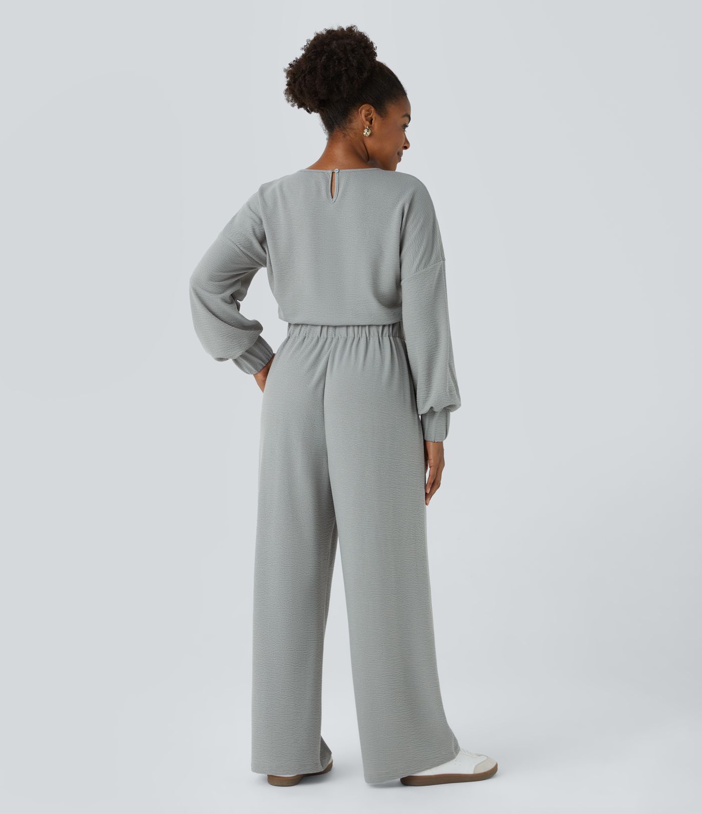 V Neck Keyhole Back Long Sleeve Pocket Wide Leg Casual Jumpsuit